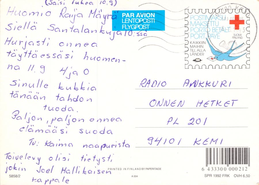 Suomi Finland Red Cross Postcard 1993