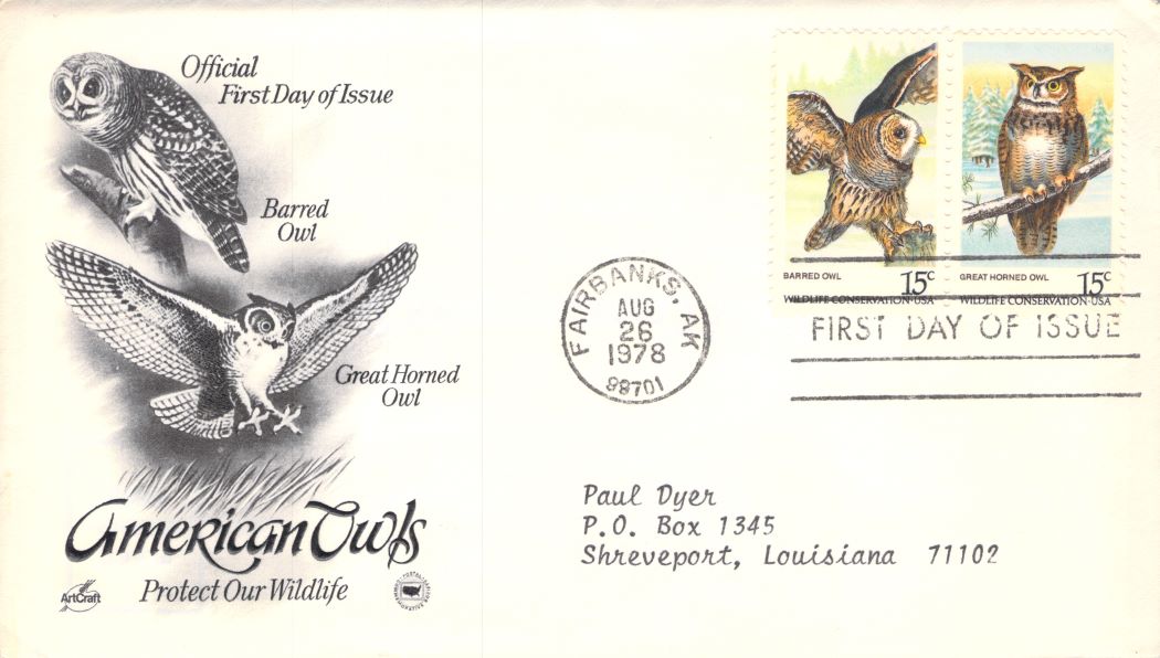 America FDC 1978 Barred Owl & Great Horned Owl