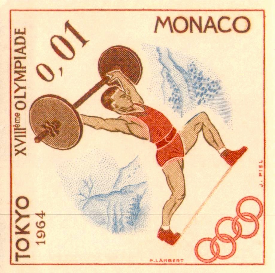 Issue:  Monaco Olympic games Weightlifter Stamp  Type:  Stamp Number of Stamps:  1 Denominations:  0,01 Issue Date:  1964 Issued By:  Monaco Post,