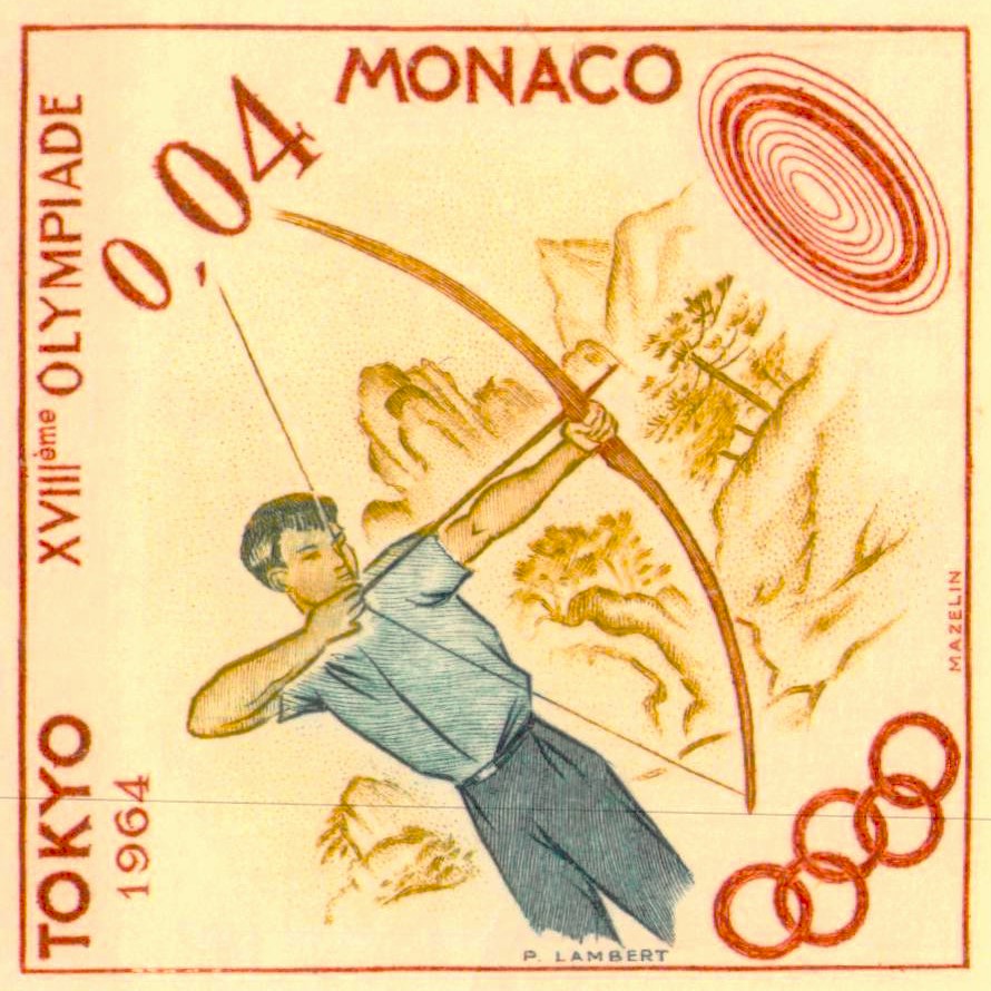 Issue:  Monaco Olympic Games Archery Stamp  Type:  Stamp Number of Stamps:   2 Denominations:  0,04E Issue Date:  1964 Issued By:  Monaco Post,