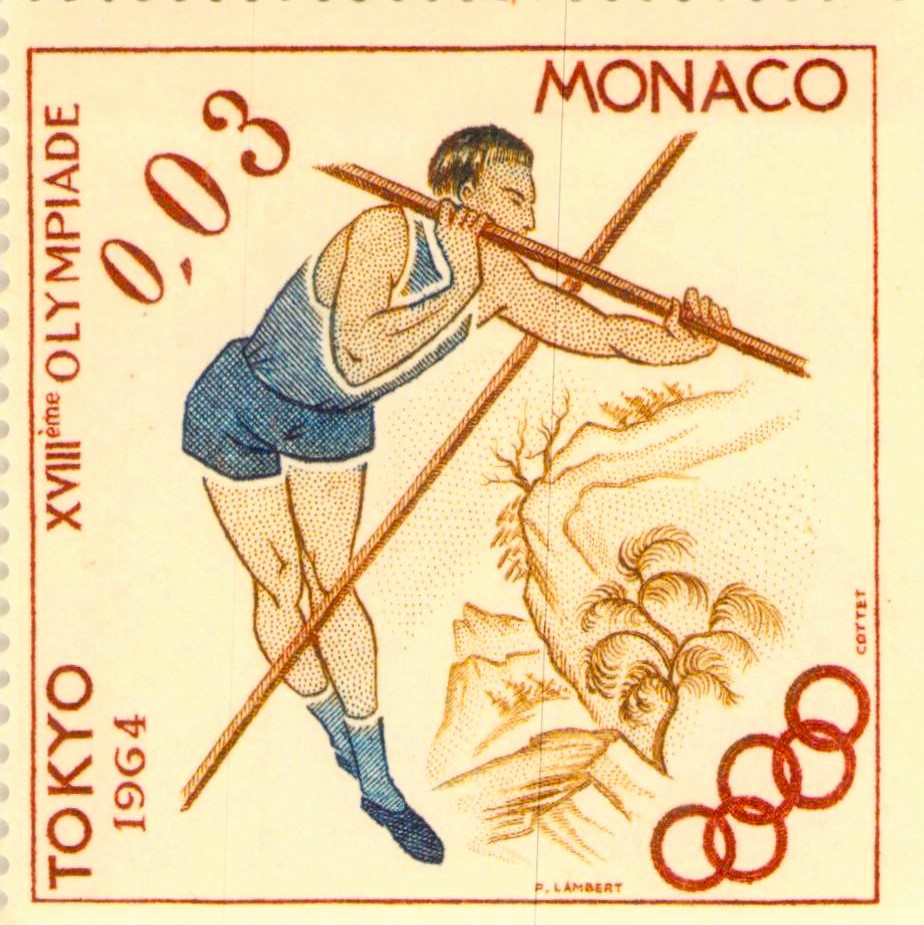 Issue:  Monaco Olympic Games Pole Jump Stamp  Type:  Stamp Number of Stamps:  2 Denominations:  0,03E Issue Date:  1964 Issued By:  Monaco Post,