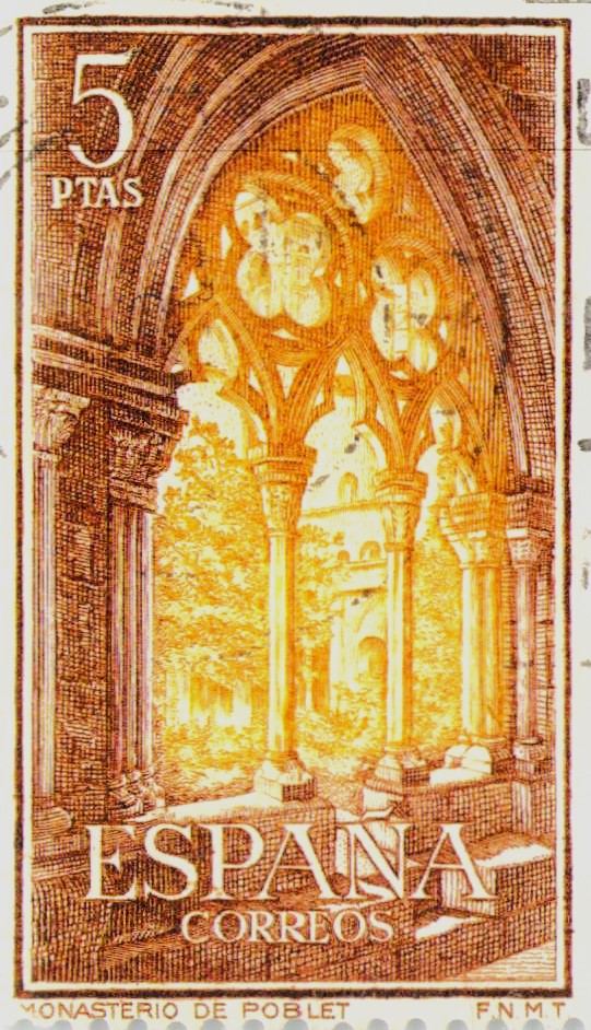 Issue:  Spain Monasterio De Poblet Stamp Type:  Stamp Number of Stamps:  1 Stamps Denomination:   5 PTAS Issue Date:  1963 Issued By:  Spain POST