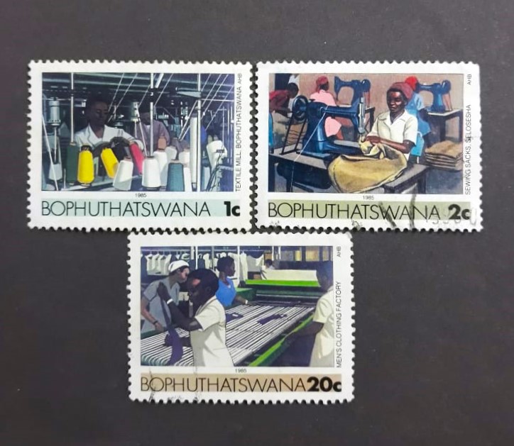 Issue:  Bophuthatswana Industries 1985 3 Set Stamp Type:   Stamp Number of Stamps:   3 Denominations:   1 C , 2 C , 20 C Issue Date:   1985 Issued By:   Bophuthatswana Post