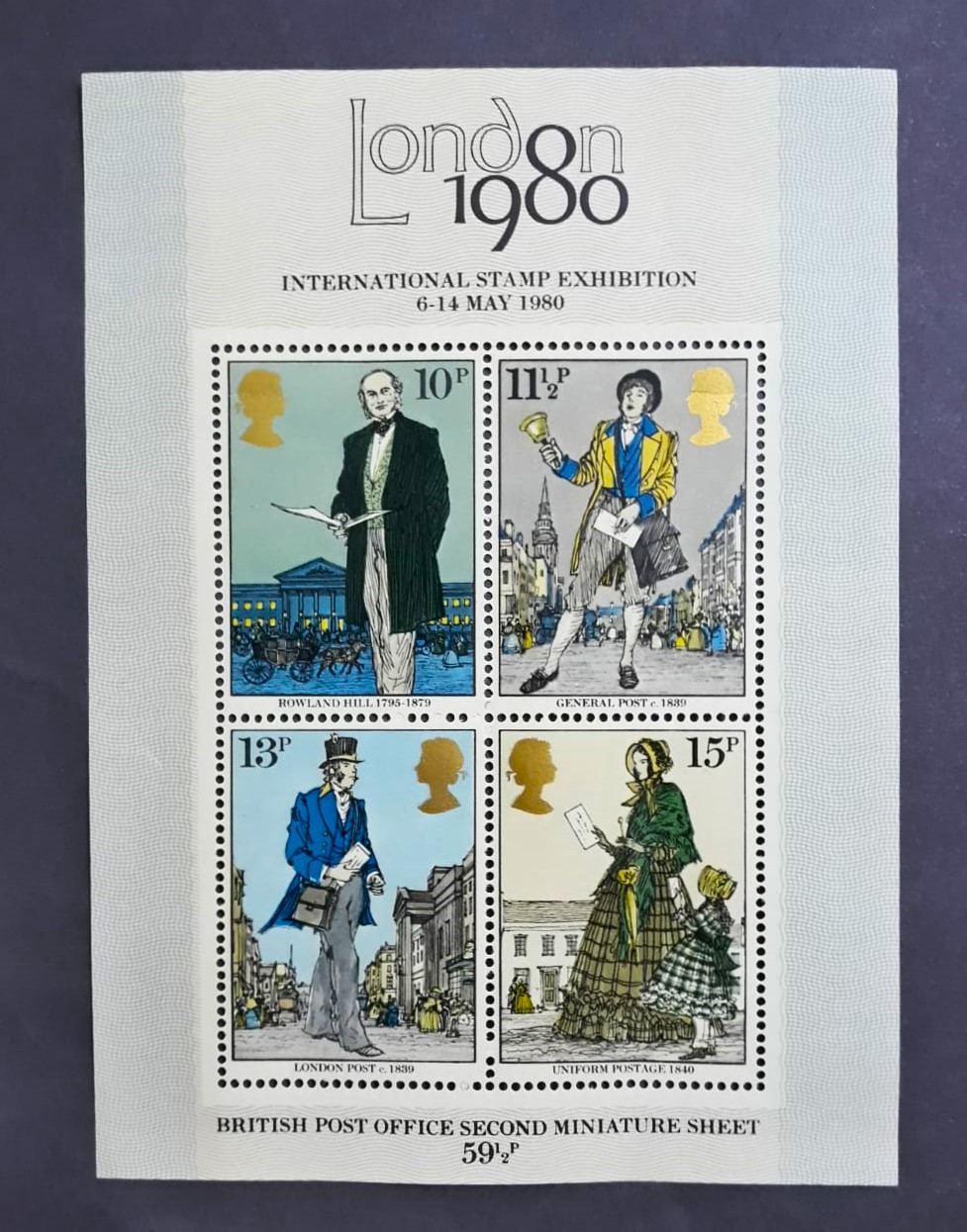 Issue:    British Post Office 1980 Souvenir Sheet Type:   Souvenir Sheet Number of Stamps:   4 Stamps Denomination:    59 1/2  P Issue Date:    1980 Issued By:   British Post
