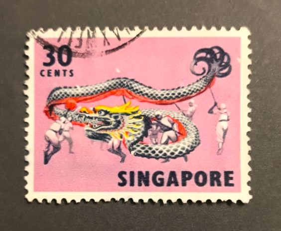 Issue:  Singapore 1968 Traditional Dragon Dances Stamp Type:   Stamp Number of Stamps:   1 Stamps Denomination:   30 Cent Issue Date:   1968 Issued By:   Singapore Post