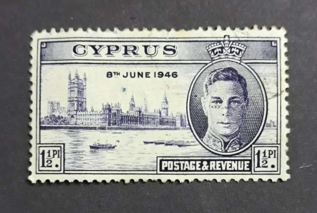 Issue:  Great Britain King George Cyprus 1946 Stamps Type:   Stamp Number of Stamps:   1 Stamps Denomination:   1 1/2 pI Issue Date:  1946 Issued By:   Royal Mail, United Kingdom (UK)