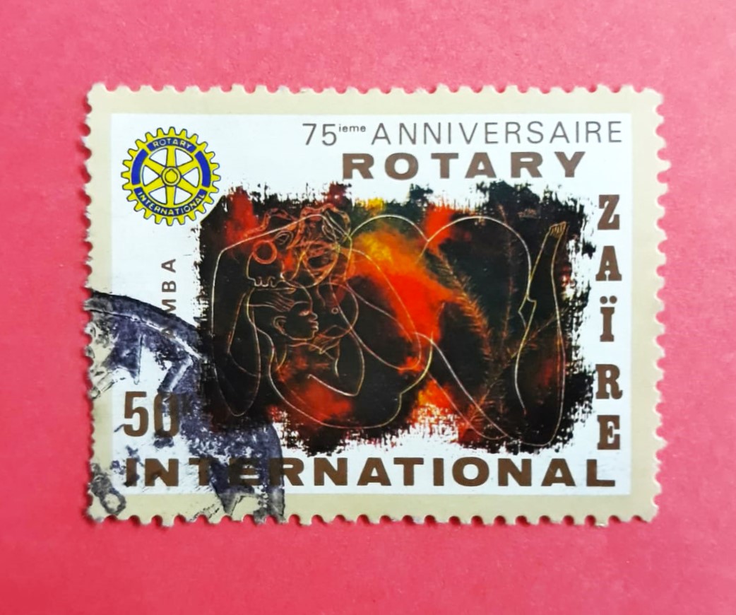 Issue:   Zaire Rotary International Kamba Painting 75th Birthday 1980 Stamp Type:   Stamp Number of Stamps:   1 Denominations:   50 K Issue Date:   1980 Issued By:   Rotary International