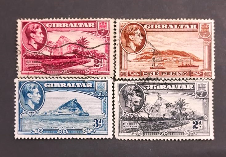 Issue:  Great Britain Gibraltar King George Stamps Type:   Stamp Number of Stamps:   4 Stamps Denomination:   2 D , 3 D, 2 D, One Penny Issue Date:   Issued By:   Royal Mail, United Kingdom (UK)