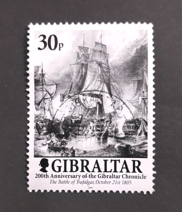 Issue:    Gibraltar 200th Anniversary of the Gibraltar Chronicle The Battle of Trafalgar 2001 Stamp Type:    Stamp Number of Stamps:    1 Denominations:   30 P Issue Date:   2001 Issued By:   Gibraltar Post