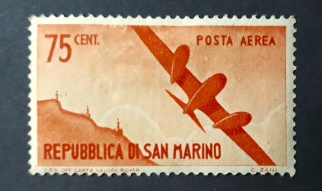 Issue:    San Marino 1946 Airmail Stamp Type:   Stamp Number of Stamps:   1 Denominations:     75 C Issue Date:   1946 Issued By:    San Marino