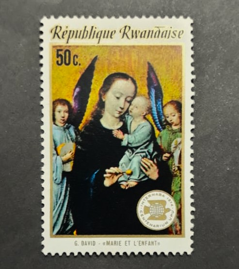 Issue:   Rwanda Mary And The Child Stamp Type:   Stamp Number of Stamps:   1 Stamps Denomination:   50 C Issue Date:   1974 Issued By:   Rwanda Post