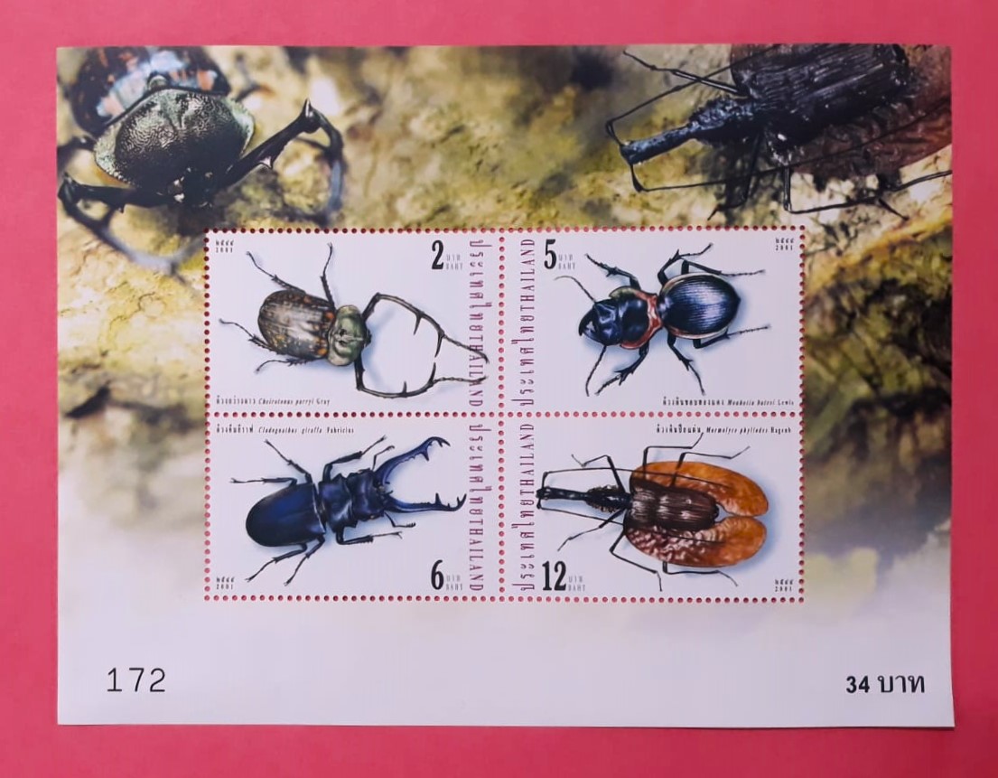 Issue:    Thailand 2001 Insects Souvenir Souvenir Sheet Stamp Type:   Souvenir Sheet Number of Stamps:   4 Stamps Denomination:   34  Bath Issue Date:    2001 Issued By:    Thailand Post
