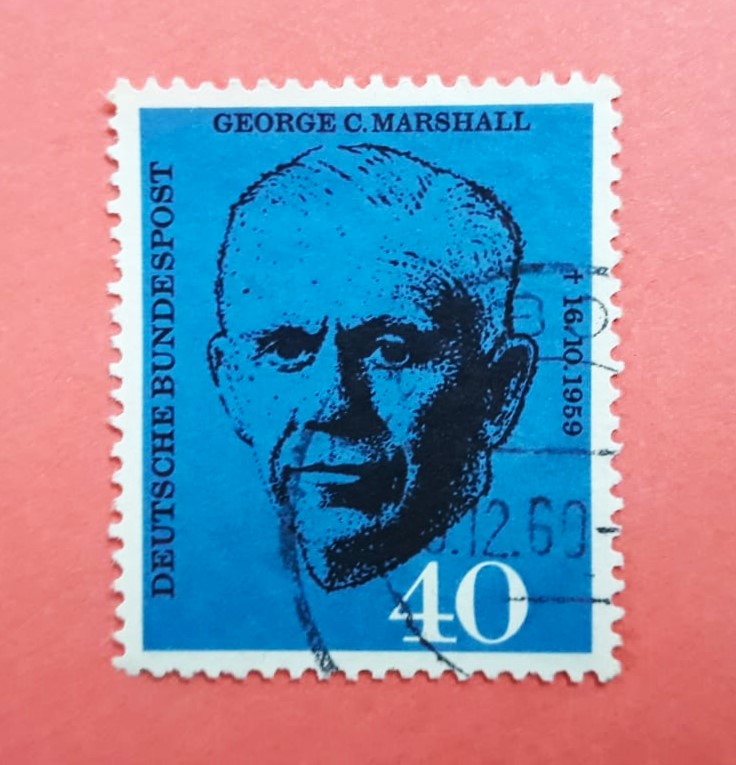Issue:   Germany 1959 George C Marshall Stamp Type:   Stamp Number of Stamps:   1 Denominations:    40  PF Issue Date:   1959 Issued By:   Germany Deutsche Post ( Deutschland )