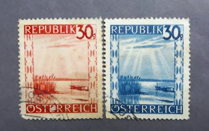 Issue:    Republic Of Austria Set Of Lake Neusiedl Stamp Type:   Stamp Number of Stamps:   2 Stamps Denomination:    30g , 30g Issue Date:   1947 Issued By:   Australia Post