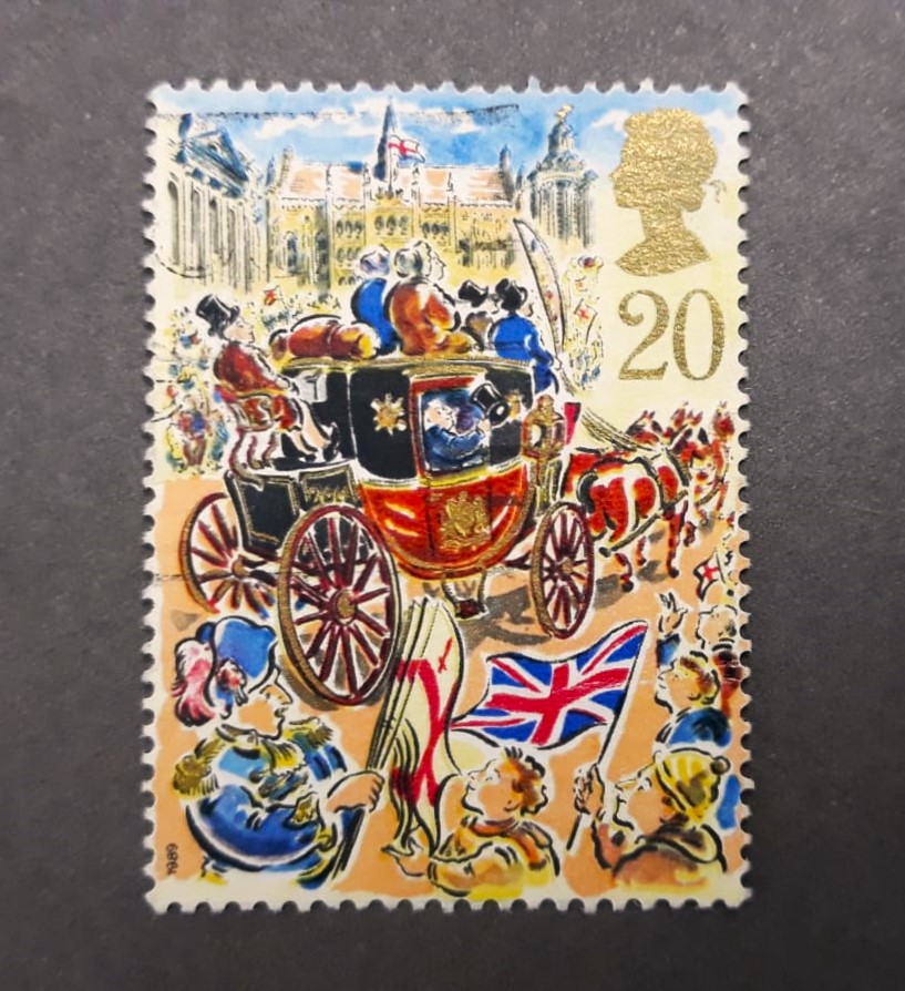 Issue:    UK 1989 Coach Lord Mayors Stamp Type:   Stamp Number of Stamps:   1 Stamps Denomination:   20 P Issue Date:   1989 Issued By:   Royal Mail, United Kingdom
