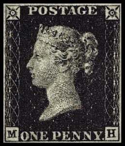 The world's first adhesive postage stamp, issued in the United Kingdom. It features a profile of Queen Victoria and is widely collected for its historical significance.