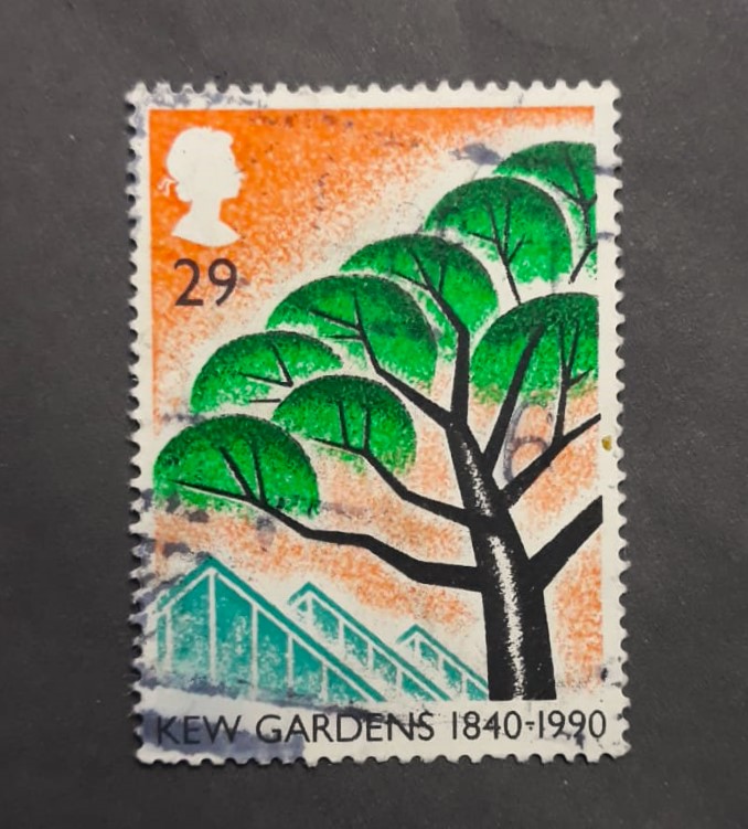Issue:    UK Kew Gardens 1990 Stamp Type:   Stamp Number of Stamps:   1 Stamps Denomination:   29  £ Issue Date:    1990 Issued By:   Royal Mail, United Kingdom (UK)