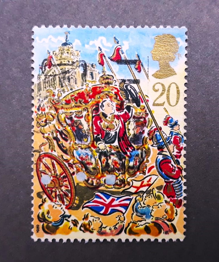 Issue:    UK 1989 Great Britain Coach Lord Mayor's Stamp Type:   Stamp Number of Stamps:   1 Stamps Denomination:   20 P Issue Date:   1989 Issued By:   Royal Mail, United Kingdom