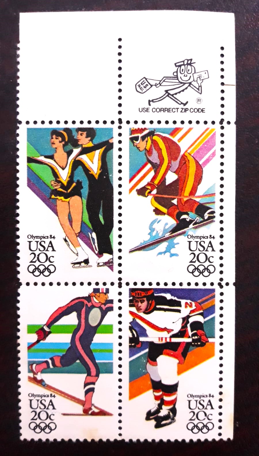 Issue:   USA Olympics Airmail 20c 1984 Stamp Type:   Stamp Number of Stamps:   4 Stamps Denomination:   20 C Issue Date:    1901 Issued By:   United States Postal Service (USPS)