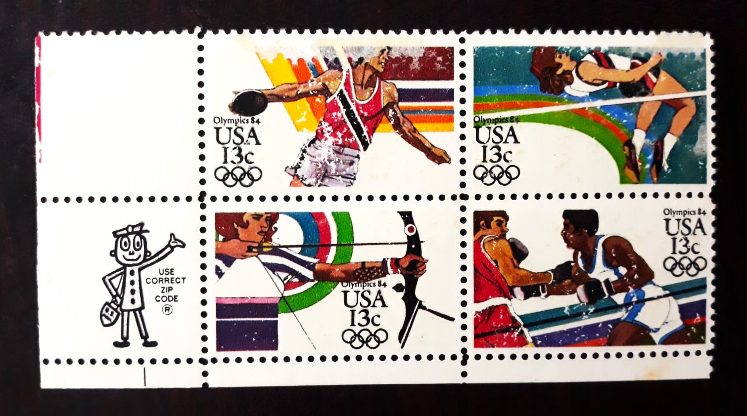 Issue:   USA Olympics Airmail 13c 1984 Stamp Type:   Stamp Number of Stamps:   4 Stamps Denomination:   20 C Issue Date:    1984 Issued By:   United States Postal Service (USPS)
