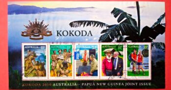 Issue:    Kokoda Australia 2010 Papua New Guinea Joint Issue Souvenir Sheet Type:   Souvenir Sheet Number of Stamps:   4 Denominations:    55C,   55C,  1.45C,  55C,  55C Issue Date:    2010 Issued By:    Australia Post