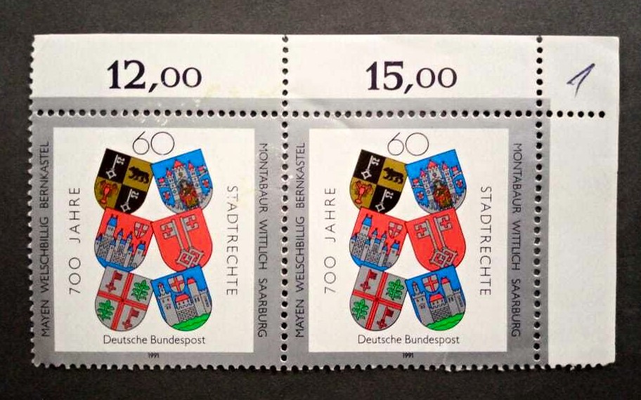 Issue:  Germany 1991 Montabaur Wittlich Saarburg Souvenir Sheet Type:   Souvenir Sheet Number of Stamps:   4 Denominations:    12,00   15,00 Issue Date:    1991 Issued By:    Germany Deutsche Post ( Deutschland )