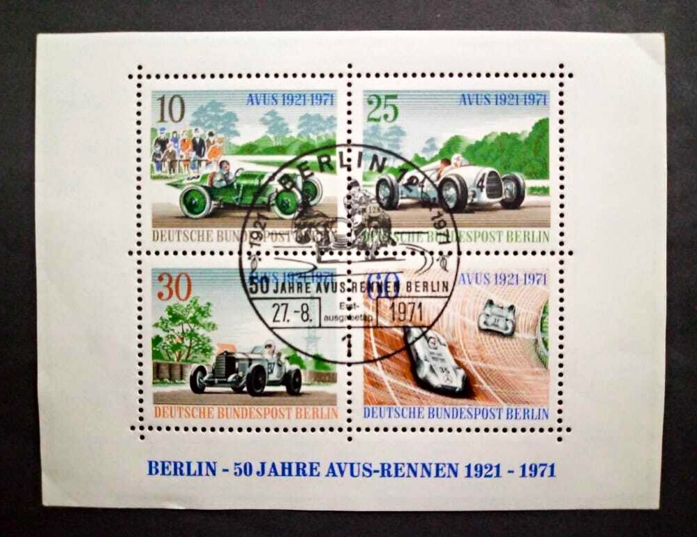 Issue:  Germany Berlin 50 Years Of Avus Race 1921-1971 Souvenir Sheet Type:   Souvenir Sheet Number of Stamps:   4 Denominations:   10,  25,  30,  60, Issue Date:    1971 Issued By:    Germany Deutsche Post ( Deutschland )