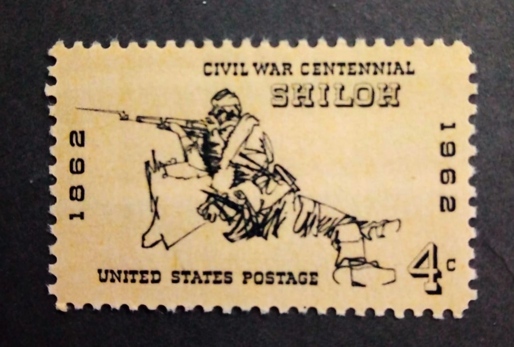 Issue:   United States 1962 Civil War Centennial Shiloh Stamp Type:   Stamp Number of Stamps:   2 Stamps Denomination:   4 C Issue Date:    1962 Issued By:   United States Postal Service (USPS)