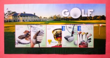 Issue:    Australia Golf 2011 Souvenir Sheet Type:   Souvenir Sheet Number of Stamps:   5 Denominations:    60C,  60C,  60C,  1.65$,  2.35$ Issue Date:    2011 Issued By:    Australia Post