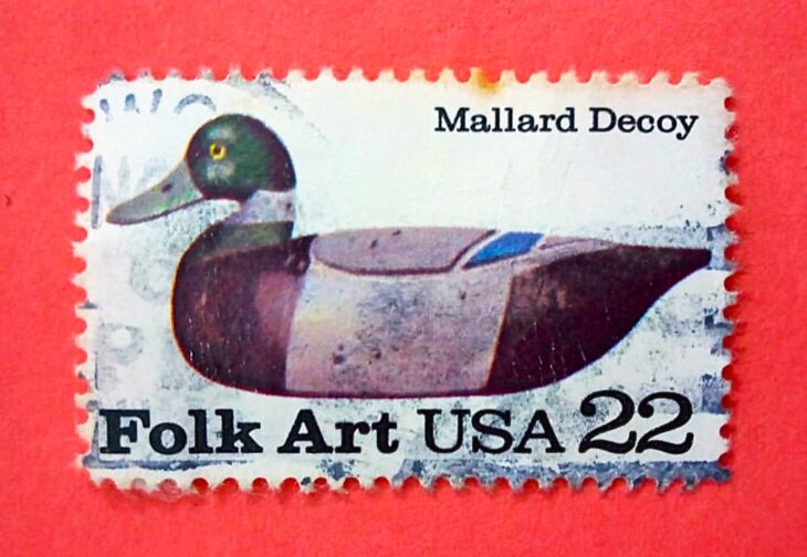 Issue:    USA Folk Art Mallard Decoy Stamp Type:   Stamp Number of Stamps:   1 Stamps Denomination:    22 C Issue Date:    1985 Issued By:    United States Postal Service (USPS)