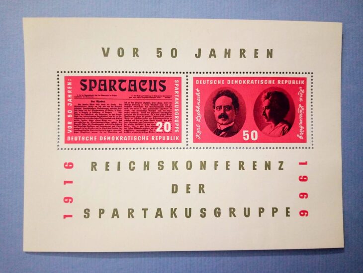 Issue:    Germany Democratic Republic 50 years ago Spartacus Rosa Luxemburg Karl Liebknecht 1966 Stamp Type:    Stamp Number of Stamps:   1 Denominations:    50  PF,  20 PF Issue Date:    1966 Issued By:   Germany Deutsche Post ( Deutschland )