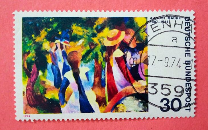 Issue:   Germany August Macke Painting Stamp Type:   Stamp Number of Stamps:   1 Denominations:   30  PF Issue Date:   1974 Issued By:   Germany Deutsche Post ( Deutschland )