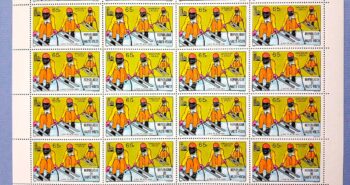 Issue:    Republic of Upper Volta Olympics Games Downhill Skiing Souvenir Sheet Type:   Souvenir Sheet Number of Stamps:   24 Denominations:   65 F Issue Date:    1980 Issued By:    Republic of Upper Volta ( Post )