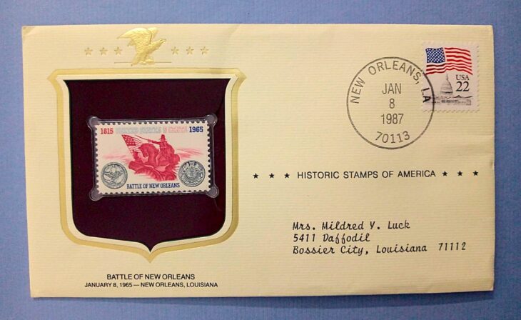 Issue:    United States Battle of New Orleans 1965 Historic Stamps America Special Cover Type:   Stamp Number of Stamps:    2 Stamps Denomination:    5C,  22C, Issue Date:   1965 Issued By:   United States Postal Service (USPS) 
