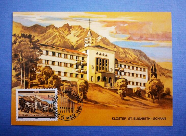Issue:    Liechtenstein Kloster ST Elizabeth Beautiful 1985 Postcard Type:    Postcard Number of Stamps:    1 Denominations:    50 y Issue Date:    1985 Issued By:     Europe Post 