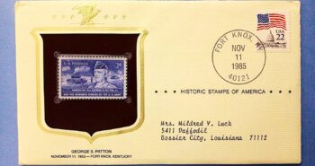 Issue:    US General George Patton 1953 Historic Stamps of America Special Cover Type:   Stamp Number of Stamps:    2 Stamps Denomination:    3C ,  22C Issue Date:   1953 Issued By:   United States Postal Service (USPS)