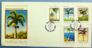 Issue:    Mauritius Palmiste Marron Hyophorbe Verschaffeltii First Day of Cover Type:   First Day Cover Number of Stamps:    5 Denominations:      25C,  50C,  2.50R,  5R,  RIO, Issue Date:    1984 Issued By:    Mauritius First Day Cover 
