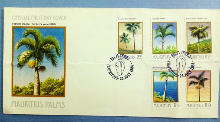 Issue:    Mauritius Palmiste Marron Hyophorbe Verschaffeltii First Day of Cover Type:   First Day Cover Number of Stamps:    5 Denominations:      25C,  50C,  2.50R,  5R,  RIO, Issue Date:    1984 Issued By:    Mauritius First Day Cover 
