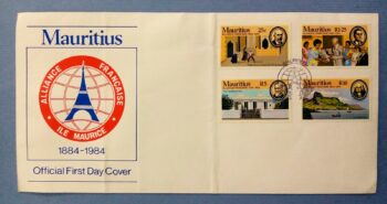 Issue:    Mauritius Alliance French 1984 First Day of Cover Type:   First Day Cover Number of Stamps:   4 Denominations:     25C,  1.25R,  10R,  5R,  Issue Date:    1984      Issued By:    Mauritius First Day Cover 