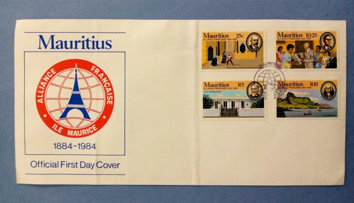 Issue:    Mauritius Alliance French 1984 First Day of Cover Type:   First Day Cover Number of Stamps:   4 Denominations:     25C,  1.25R,  10R,  5R,  Issue Date:    1984      Issued By:    Mauritius First Day Cover 