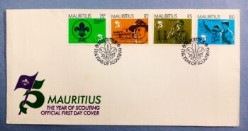 Issue:    Mauritius 70th Year of Scouting 1982 First Day of Cover Type:   First Day Cover Number of Stamps:   4 Denominations:      25C,  2R,  5R,  10R, Issue Date:    1982 Issued By:    Mauritius First Day Cover 