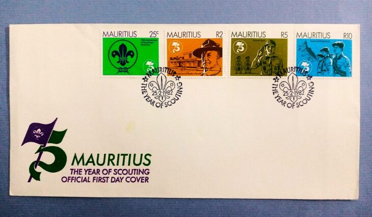 Issue:    Mauritius 70th Year of Scouting 1982 First Day of Cover Type:   First Day Cover Number of Stamps:   4 Denominations:      25C,  2R,  5R,  10R, Issue Date:    1982 Issued By:    Mauritius First Day Cover 
