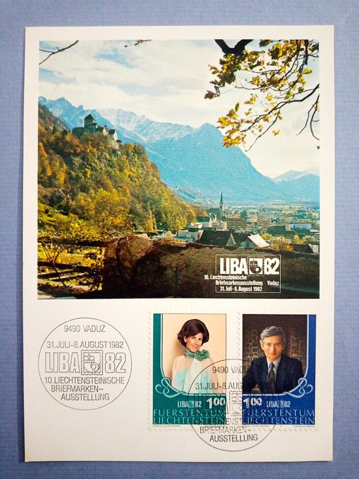 Issue:    Liechtenstein Prince Hans Adam & Princess Marie Aglae 1982 Postcard Type:    Postcard Number of Stamps:    2 Stamps Denomination:    100  , 100 Issue Date:    1982 Issued By:    Europe Post