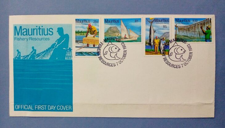 Issue:    Mauritius 1983 Fishery Resources First Day of Cover Type:   First Day Cover Number of Stamps:   4 Denominations:     25C,  1R,  5R,  10R, Issue Date:    1983 Issued By:    Mauritius First Day Cover 