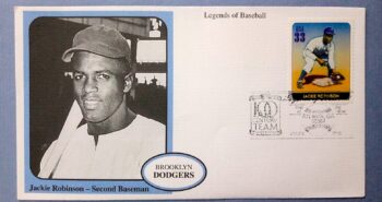 Issue:   USA Legends of Baseball Jackie Robinson Second Baseman First Day Cover Type:   First Day Cover Number of Stamps:   1 Stamps Denomination:   33 C Issue Date:    2000 Issued By:    United States Postal Service (USPS) 