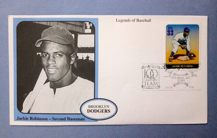Issue:   USA Legends of Baseball Jackie Robinson Second Baseman First Day Cover Type:   First Day Cover Number of Stamps:   1 Stamps Denomination:   33 C Issue Date:    2000 Issued By:    United States Postal Service (USPS) 