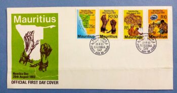 Issue:    Mauritius Namibia Day 1983 First Day of Cover Type:   First Day Cover Number of Stamps:   4 Denominations:     25 C,  2.50R,  5R,  10R, Issue Date:    26 August 1983 Issued By:    Mauritius First Day Cover 