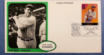 Issue:    USA Legends of Baseball Babe Ruth Outfielder First Day Cover Type:    First Day Cover Number of Stamps:    1 Stamps Denomination:    33 C Issue Date:     6  July  2000 Issued By:    United States Postal Service (USPS)