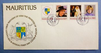 Issue:    Mauritius the Twenty First Birthday Princess Diana First Day of Cover Type:    First Day Cover Number of Stamps:   4 Denominations:     2.50 R,  5 R,  Rio,  25C Issue Date:    1 July 1982    Issued By:    Mauritius First Day Cover 