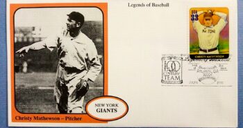 Issue:    USA Legends of Baseball Christy Mathewson Baseball pitcher First Day Cover Type:    First Day Cover Number of Stamps:    1 Stamps Denomination:    33 C Issue Date:     6 July 2000 Issued By:    United States Postal Service (USPS) 